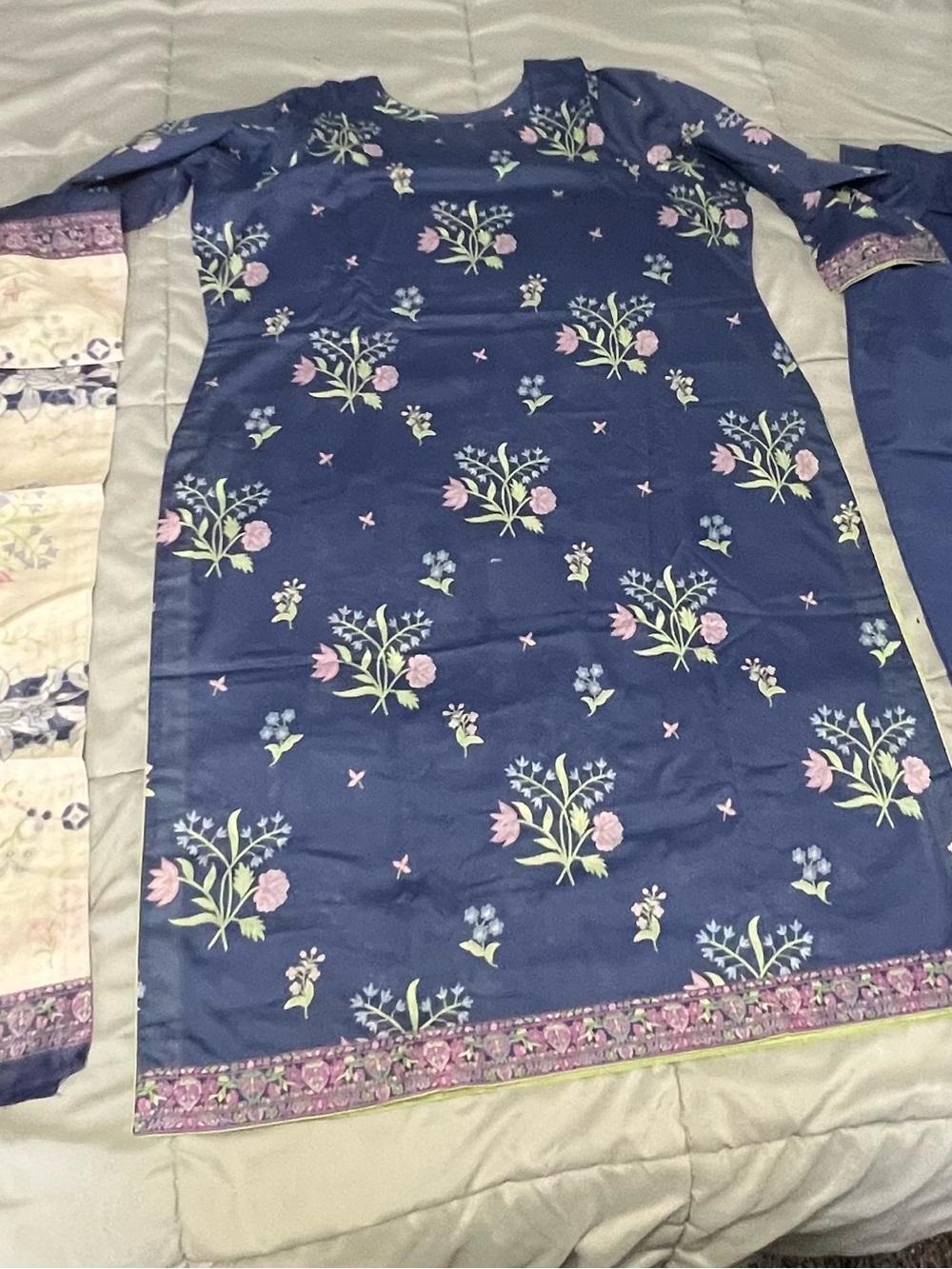 Navy Floral Print Tunic Dress with Pink & Green Accents